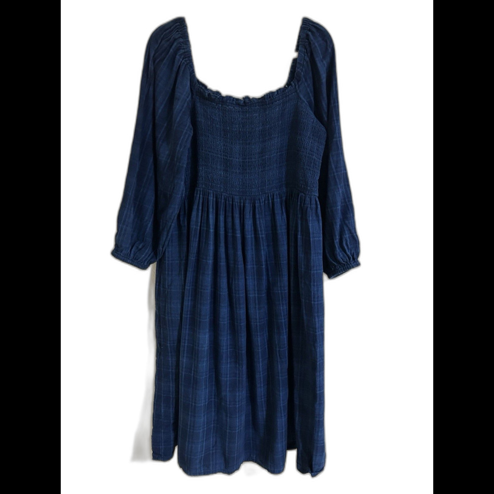 J Crew Smocked Puff Sleeve Midi Dress 3X Indigo Blue Plaid Cottagecore Prairie